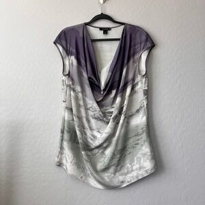 St. John Large Silk Spandex Sleeveless Cowl Neck Blouse Purple Mountain Print